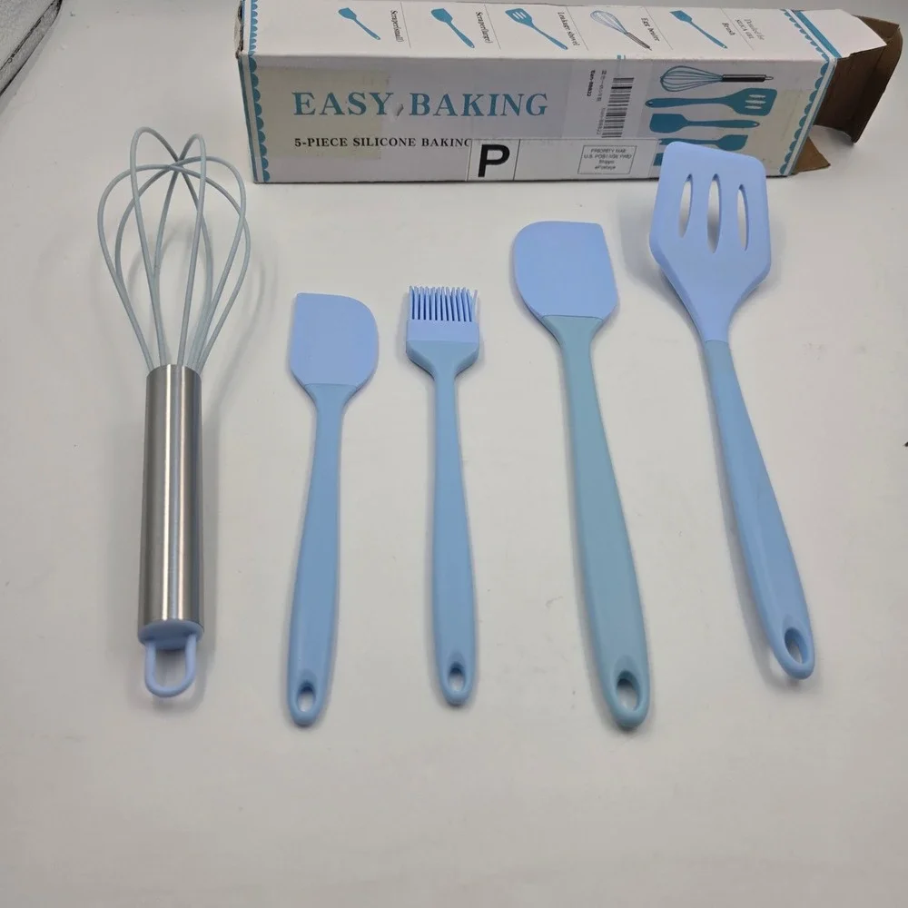 Easy Baking 5 Piece Silicone Kitchen Utensil Set Blue Spatula Whisk Brush BPA L4